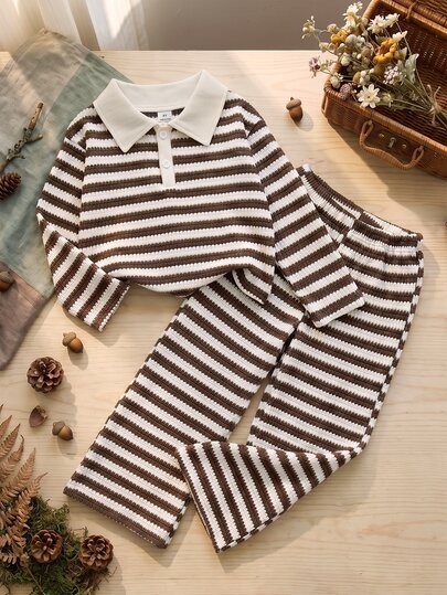 SHEIN 2pcs/Set Girls Striped Collared Long Sleeve Knit Top + Pants Set, Fashionable Young Girl Casual Outfit, Suitable For Early Autumn Wear