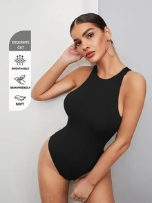 SHEIN BAE Solid Tank Bodysuit - Black - View 1
