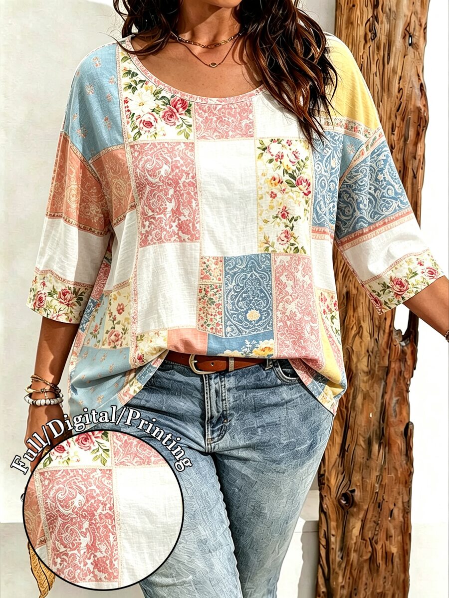 EMERY ROSE Plus Size Women Bohemian Style Pink & Brown Floral Pattern Three-Quarter Sleeve Drop Shoulder T-Shirt - Multicolor - View 1