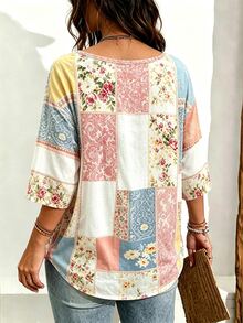 EMERY ROSE Plus Size Women Bohemian Style Pink & Brown Floral Pattern Three-Quarter Sleeve Drop Shoulder T-Shirt - Multicolor - View 2