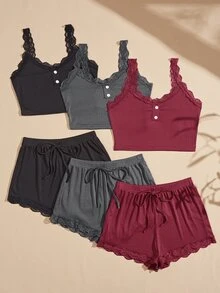 Snug Zone 6pcs Women's Solid Color Lace Cami Top & Shorts Pajama Set - Multicolor - View 5