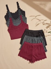 Snug Zone 6pcs Women's Solid Color Lace Cami Top & Shorts Pajama Set - Multicolor - View 2