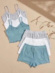 Snug Zone 6pcs Women Solid Color Rib Knit Camisole And Shorts Pajama Set - Multicolor - View 3