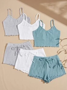 Snug Zone 6pcs Women Solid Color Rib Knit Camisole And Shorts Pajama Set - Multicolor - View 2