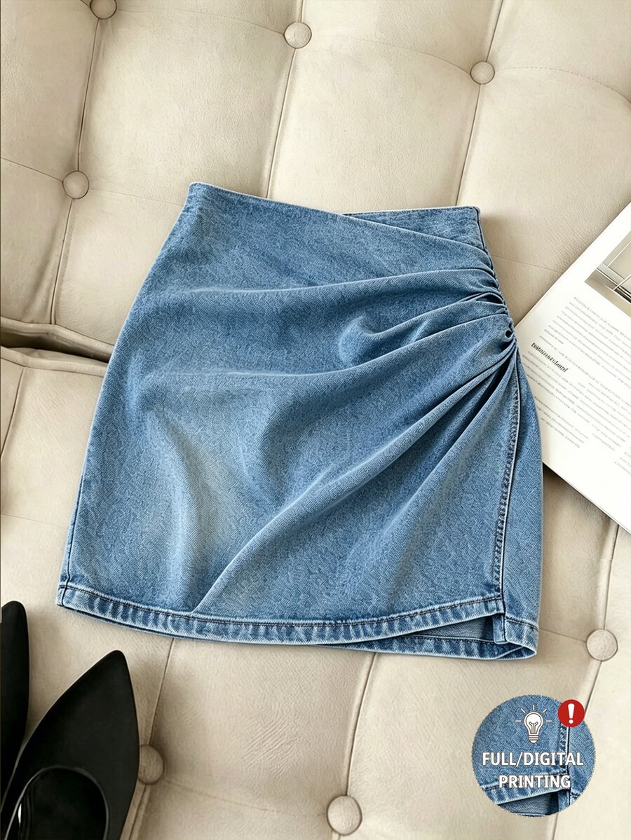 SHEIN Franclia 優雅抓褶裹身迷你裙 秋冬通勤百搭裙 教師款 萬聖節節慶度假 外出穿搭 慶典穿著 返校穿搭 - 藍色 - 查看 1