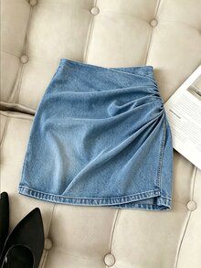 SHEIN Franclia 優雅抓褶裹身迷你裙 秋冬通勤百搭裙 教師款 萬聖節節慶度假 外出穿搭 慶典穿著 返校穿搭 - 藍色 - 查看 6
