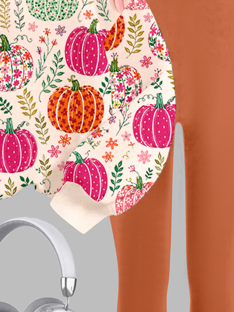 Pumpkin Apricot Orange, Sweet Pastoral Colorful Pumpkin Floral Illustration Pattern, Tween Girl Casual Minimalist Loose Crew Neck Sweatshirt & Leggings Set, Suitable For Autumn/Winter Daily, Farm, Halloween, Thanksgiving, Cozy Vibes, Fall Vibes Cozy Season - Multicolor - View 7