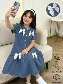 Girl's Autumn Short Sleeved Blue Washed Loose A-List Denim Dress With White Bow Design, Button Design, Comfortable Cotton Fabric, Back To School - Medium Wash - View 1