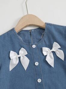 Girl's Autumn Short Sleeved Blue Washed Loose A-List Denim Dress With White Bow Design, Button Design, Comfortable Cotton Fabric, Back To School - Medium Wash - View 6