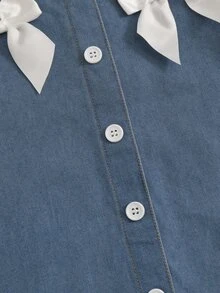 Girl's Autumn Short Sleeved Blue Washed Loose A-List Denim Dress With White Bow Design, Button Design, Comfortable Cotton Fabric, Back To School - Medium Wash - View 8