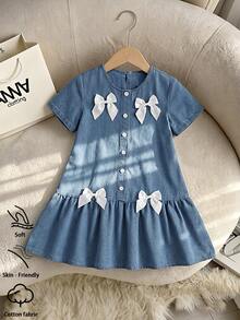Girl's Autumn Short Sleeved Blue Washed Loose A-List Denim Dress With White Bow Design, Button Design, Comfortable Cotton Fabric, Back To School - Medium Wash - View 3
