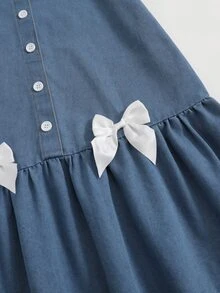 Girl's Autumn Short Sleeved Blue Washed Loose A-List Denim Dress With White Bow Design, Button Design, Comfortable Cotton Fabric, Back To School - Medium Wash - View 5