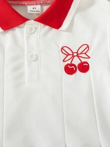 SHEIN Vestido plisado para niñas de verano versátil y lindo con cuello acanalado, puños acanalados y patrón bordado en rosa de estilo minimalista - Blanco - Ver 6