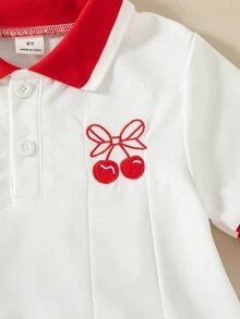 SHEIN Vestido plisado para niñas de verano versátil y lindo con cuello acanalado, puños acanalados y patrón bordado en rosa de estilo minimalista - Blanco - Ver 5