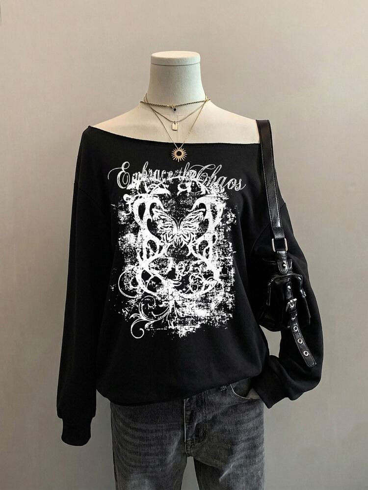 Attitoon Autumn Black Plus Size Women's Off-Shoulder Loose Casual Long Sleeve Sweatshirt Vintage Punk English Letter Street Cool Butterfly Distressed Print Pattern Comfortable - Black - View 1