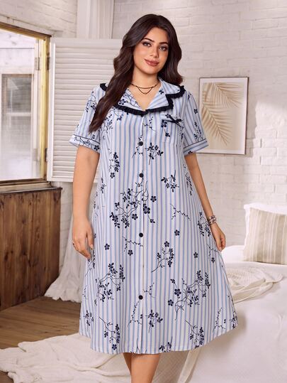 Serenescape Women's Plus Size Striped Floral Print Short Sleeve Shirt Dress, Ruffle Trim, Front Bow Decoration, Suitable For Home And Outdoor Wear