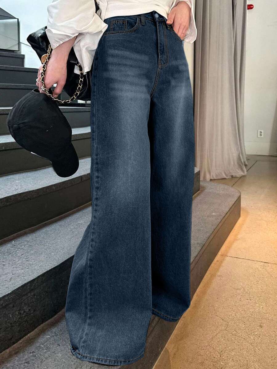 DAZY Loose High Waist Slimming Straight Leg Jeans, Minimalist & Versatile, Comfortable Ankle-Length Pants For Women - Dark Wash - View 1