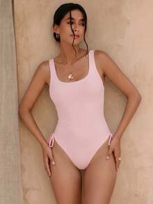 SHEIN Swim Women One-Pieces Kolor Simpul Ruched Plain Casual - Baby Pink - View 6