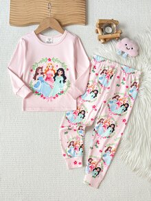 SHEIN 女童長袖長褲羅紋肖像印花家居服 - 彩色 - 查看 5