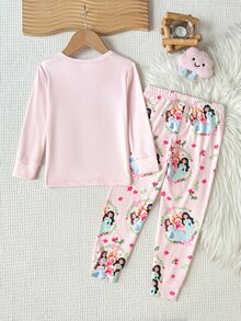 SHEIN 女童長袖長褲羅紋肖像印花家居服 - 彩色 - 查看 2