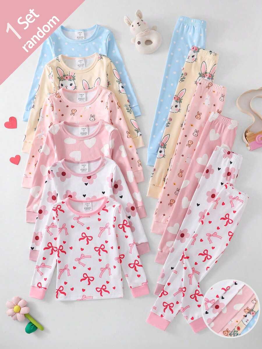 SHEIN 女童長袖長褲羅紋肖像印花家居服 - 彩色 - 查看 1