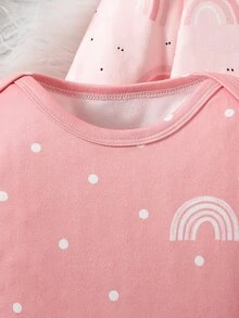 女嬰秋冬新款休閒長袖連腳睡衣多件套 棕色白色波點可愛愛心臉圖案 親子款居家服 - 彩色 - 查看 5