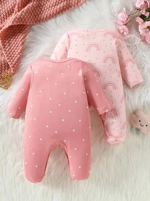 女嬰秋冬新款休閒長袖連腳睡衣多件套 棕色白色波點可愛愛心臉圖案 親子款居家服 - 彩色 - 查看 4