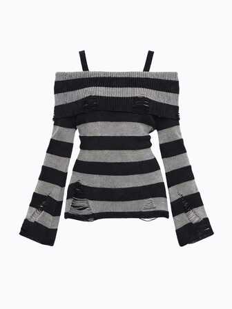 Goth Spring Casual Fashionable Dark Punk Distressed Design Waist Cinched Off-Shoulder Crew Neck Black & Grey Striped Sweater
