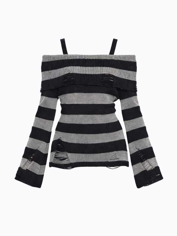 ROMWE Goth Suéter a rayas negro y gris con diseño de hombros descubiertos, cintura ceñida y estilo punk oscuro desgastado