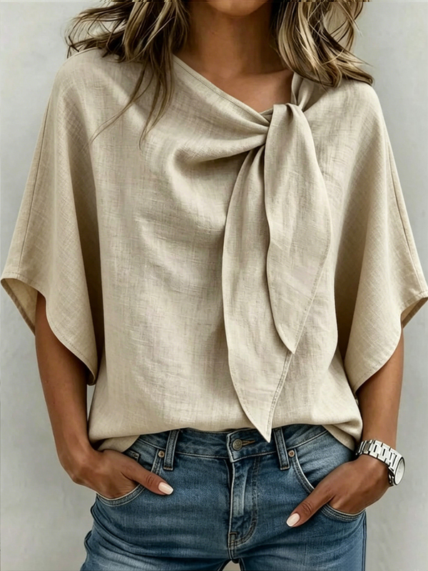 SHEIN Top de Mistura de Linho com Decote em V e Manga Morcego, Top Cottagecore Campestre, Top Casual de Negócios para Deslocamento, Halloween, Festival, Praia e Uso Diário