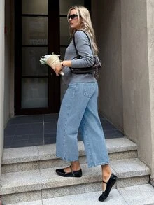 SHEIN Maternity Casual Elastic Waist Cropped Jeans - Light Wash - View 6