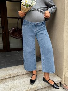 SHEIN Maternity Casual Elastic Waist Cropped Jeans - Light Wash - View 9