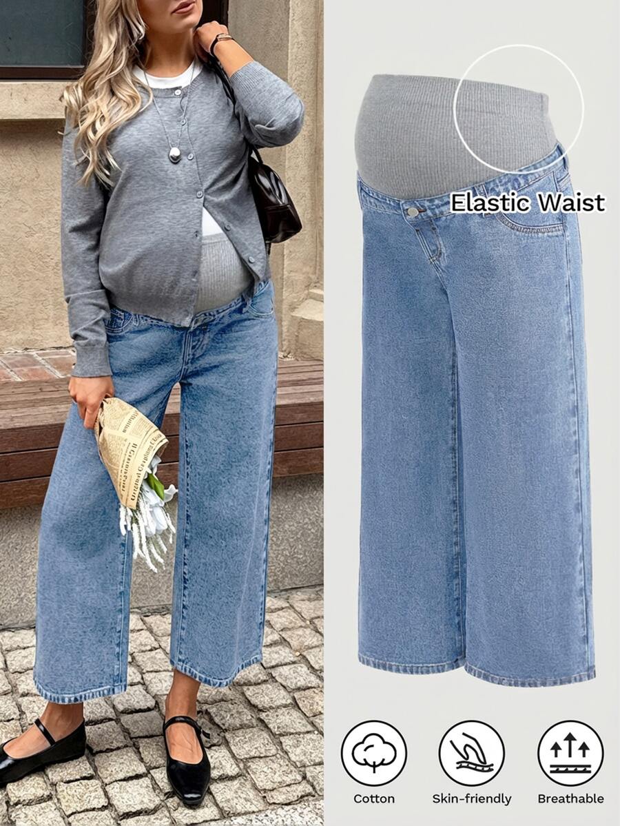 SHEIN Maternity Casual Elastic Waist Cropped Jeans - Light Wash - View 1