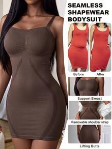 Rovax Women's Seamless Waist Cincher Bodysuit Shapewear Slip Dress - Coffee Brown - View 2