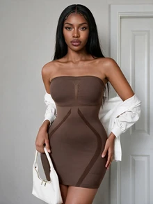 Rovax Women's Seamless Waist Cincher Bodysuit Shapewear Slip Dress - Coffee Brown - View 4