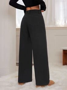 SHEIN Tall 女款時尚百搭口袋鈕扣牛仔長褲 秋冬休閒正式 Y2K 商務鄉村風 可愛牛仔女郎復古返校高個子 - 黑色 - 查看 5