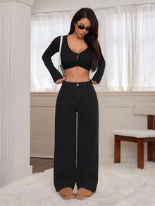 SHEIN Tall 女款時尚百搭口袋鈕扣牛仔長褲 秋冬休閒正式 Y2K 商務鄉村風 可愛牛仔女郎復古返校高個子 - 黑色 - 查看 4