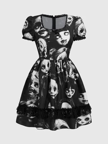 ROMWE Spring/Summer Black Graphic Gothic Dark Witch Lace Patchwork Doll Print Short Dress For Women - Black - View 4