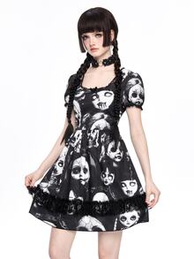 ROMWE Spring/Summer Black Graphic Gothic Dark Witch Lace Patchwork Doll Print Short Dress For Women - Black - View 3