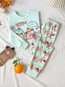 SHEIN Tween Girl 貼身版卡通圖案針織軟綿圓領長袖套頭上衣＋鬆緊腰長褲 2件套 1套 隨機款 - 綠色 - 查看 5