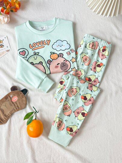 SHEIN Set pigiama aderente per ragazze tween, top pullover a maniche lunghe in maglia morbida con girocollo e motivo cartoni animati, pantaloni lunghi con vita elastica, completo aderente a due pezzi
