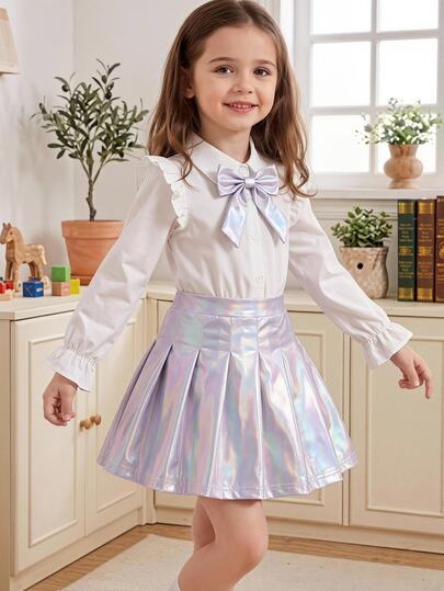 Elladie kids 女童百褶 A 字迷你裙，時尚校園風，秋季生日穿搭，海軍藍 Boss Baby 90 年代風格