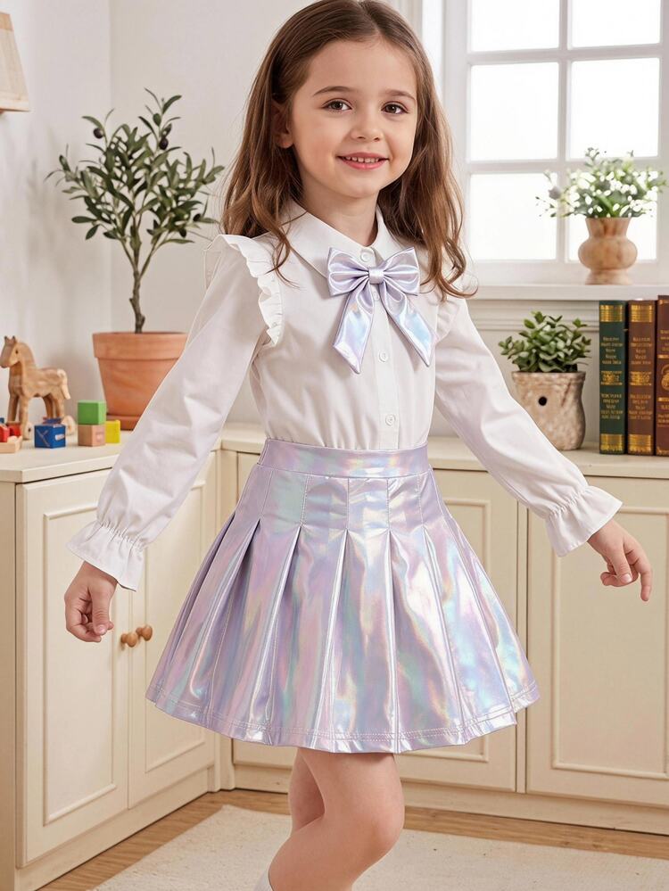 Elladie kids Young Girls' Pleated A-Line Mini Skirt, Fashionable School Style For Autumn Birthday Navy Blue Boss Baby 90s - White - View 1