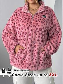 SHEIN CURVE+ Plus Size Women's Leopard Print Wool Zip-Up Sweatshirt, Graduation Long Sleeve Top, Back To School In Fall/Winter - Multicolor - View 8