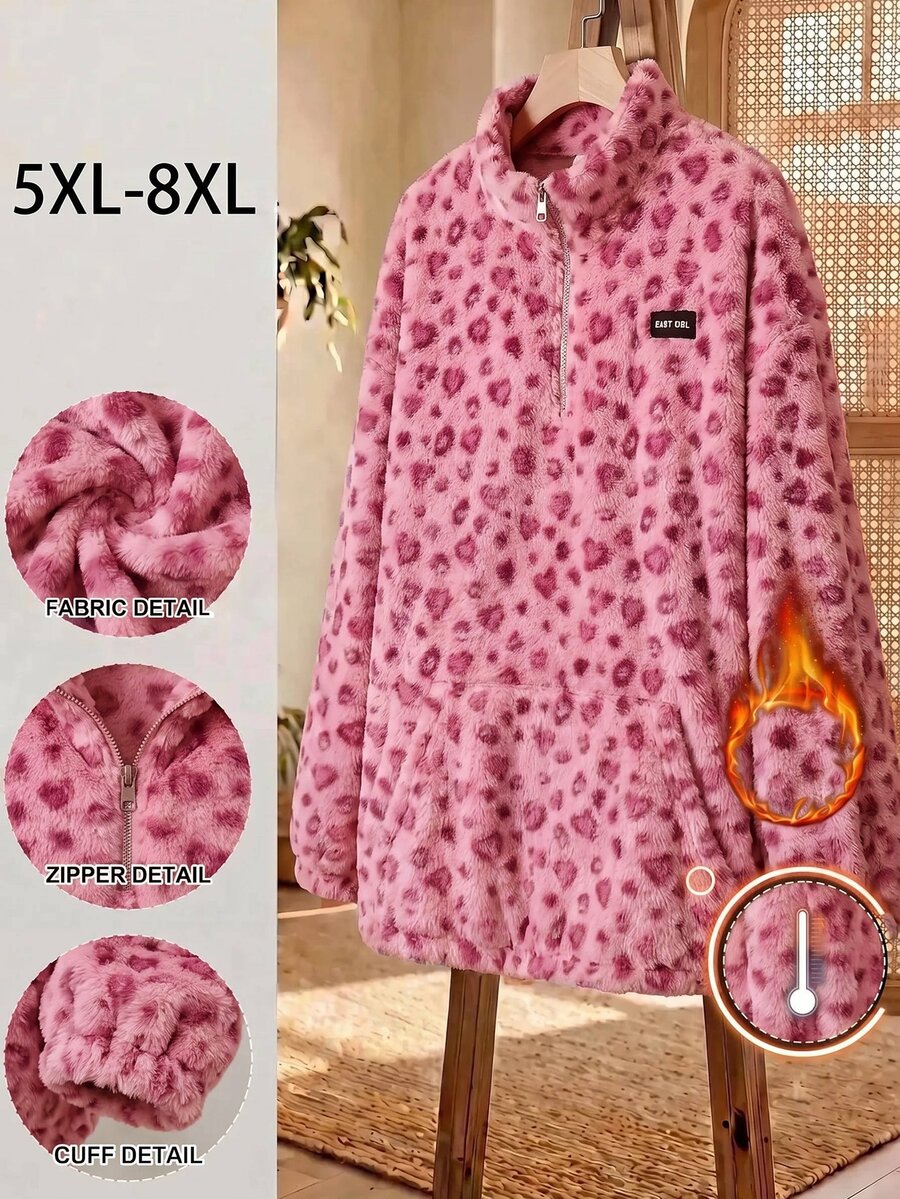 SHEIN CURVE+ Plus Size Women's Leopard Print Wool Zip-Up Sweatshirt, Graduation Long Sleeve Top, Back To School In Fall/Winter - Multicolor - View 1