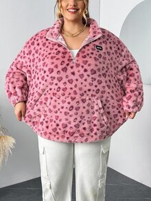 SHEIN CURVE+ Plus Size Women's Leopard Print Wool Zip-Up Sweatshirt, Graduation Long Sleeve Top, Back To School In Fall/Winter - Multicolor - View 6