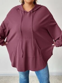 SHEIN CURVE+ 大码纯色连帽抽绳不对称下摆运动衫 - 紫色 - 查看 9
