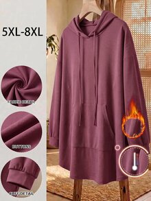 SHEIN CURVE+ 大码纯色连帽抽绳不对称下摆运动衫 - 紫色 - 查看 1