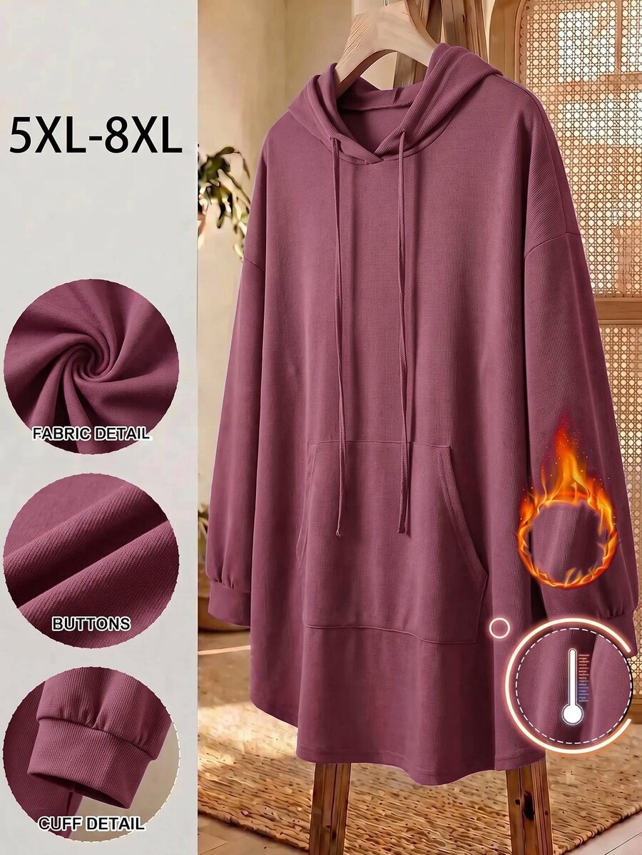 SHEIN CURVE+ 大码纯色连帽抽绳不对称下摆运动衫 - 紫色 - 查看 1