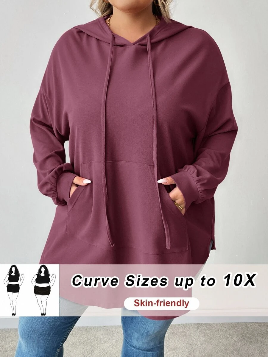 SHEIN CURVE+ Plus Size Solid Color Hooded Drawstring Asymmetrical Hem Sweatshirt Winter Fall Autumn - Purple - View 1